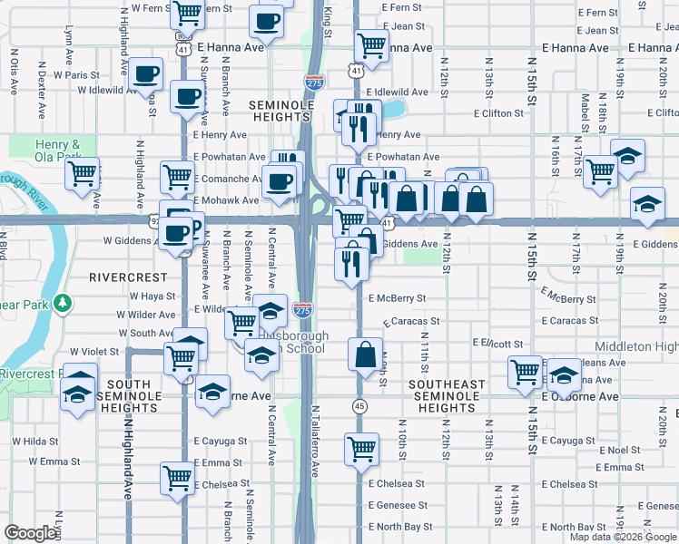 map of restaurants, bars, coffee shops, grocery stores, and more near 812 East Frierson Avenue in Tampa