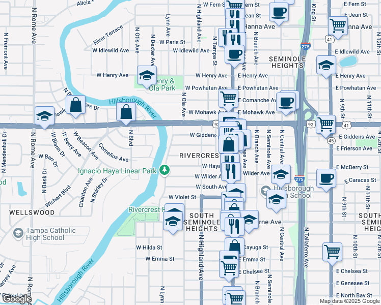 map of restaurants, bars, coffee shops, grocery stores, and more near 304 West Frierson Avenue in Tampa