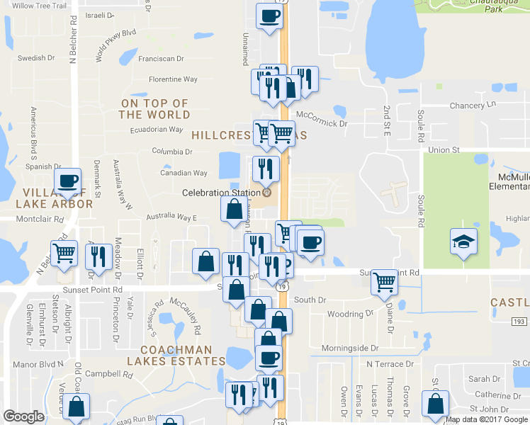 map of restaurants, bars, coffee shops, grocery stores, and more near 2570 Sea Wind Way in Clearwater