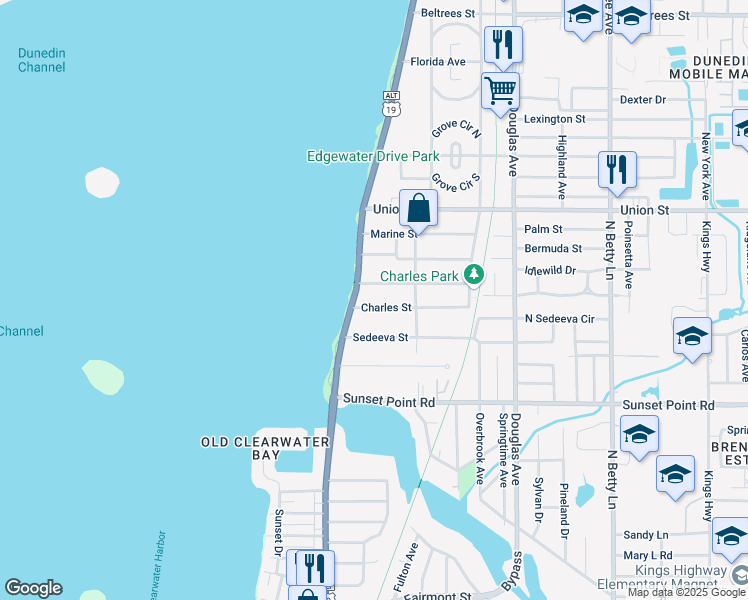 map of restaurants, bars, coffee shops, grocery stores, and more near 1015 Granada Street in Clearwater