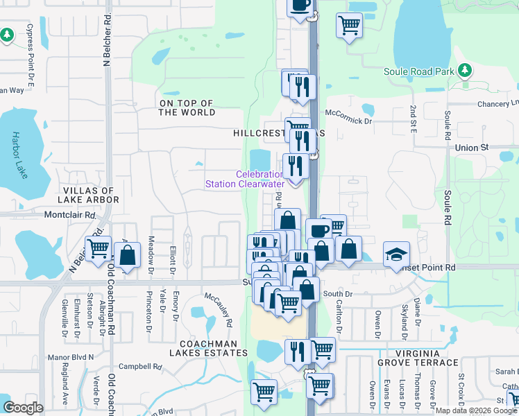 map of restaurants, bars, coffee shops, grocery stores, and more near 2016 Sunset Meadow Drive in Clearwater