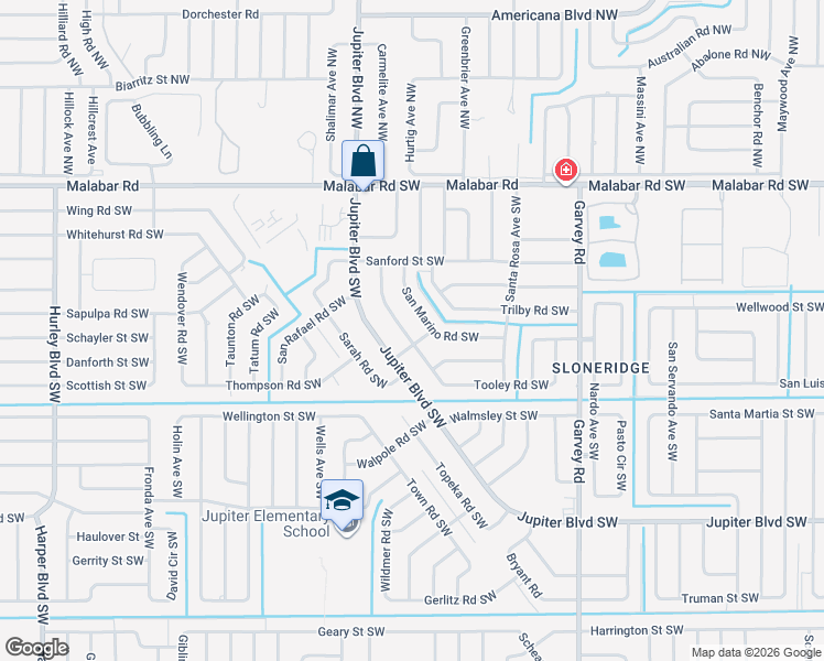 map of restaurants, bars, coffee shops, grocery stores, and more near 289 San Remo Road Southwest in Palm Bay