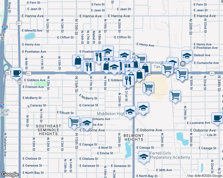 map of restaurants, bars, coffee shops, grocery stores, and more near 1908 East Frierson Avenue in Tampa