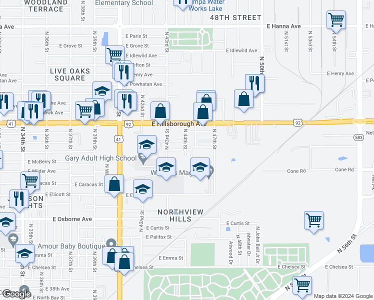 map of restaurants, bars, coffee shops, grocery stores, and more near 4427 East Shadowlawn Avenue in Tampa