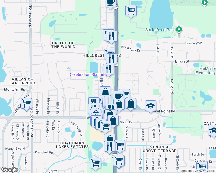 map of restaurants, bars, coffee shops, grocery stores, and more near 2570 Sea Wind Way in Clearwater