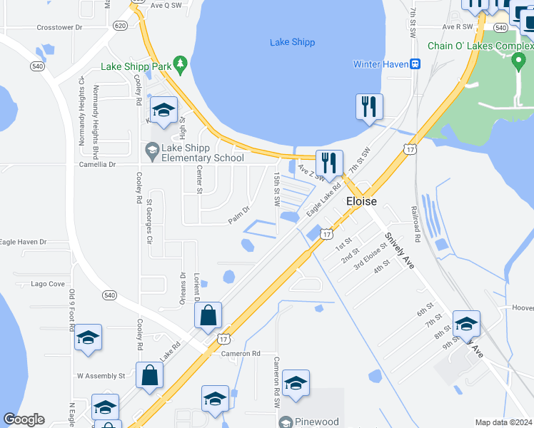 map of restaurants, bars, coffee shops, grocery stores, and more near 2042 15th Street Southwest in Winter Haven