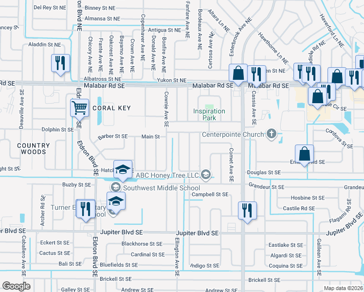 map of restaurants, bars, coffee shops, grocery stores, and more near 228 Charlotta Avenue Southeast in Palm Bay