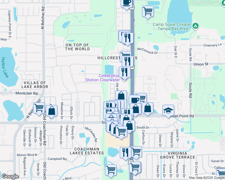 map of restaurants, bars, coffee shops, grocery stores, and more near 2527 White Sand Lane in Clearwater