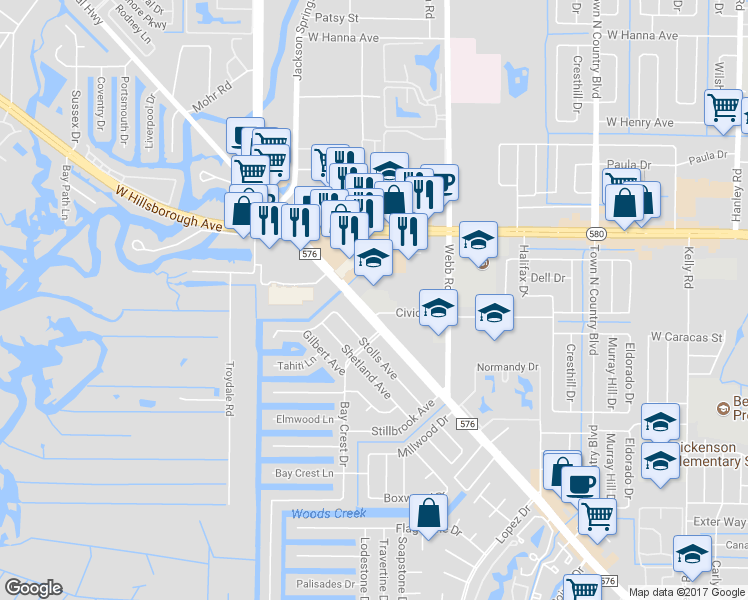 map of restaurants, bars, coffee shops, grocery stores, and more near 8411 Civic Road in Tampa
