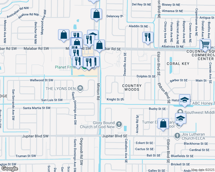 map of restaurants, bars, coffee shops, grocery stores, and more near 261 Christensen Avenue Southeast in Palm Bay