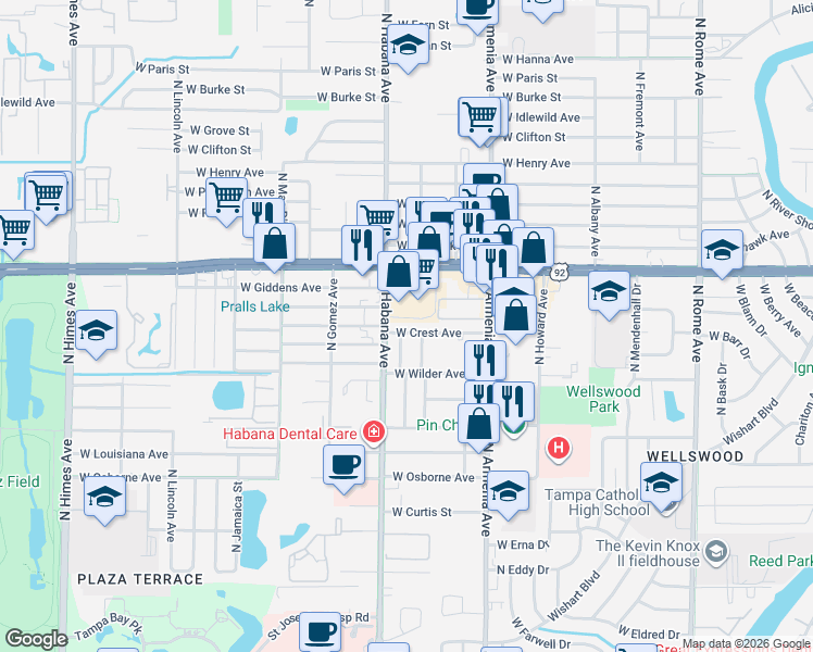 map of restaurants, bars, coffee shops, grocery stores, and more near 2738 West Hillsborough Avenue in Tampa