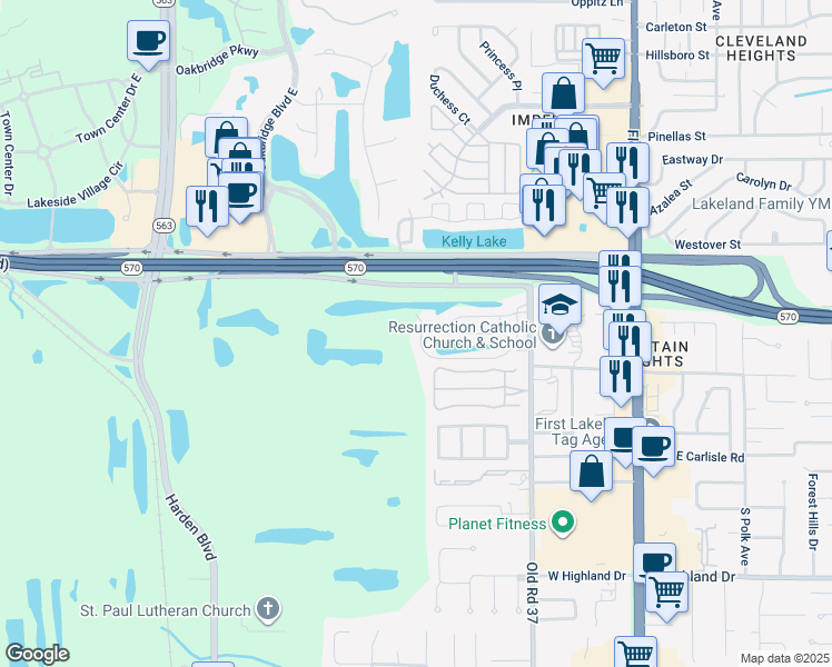 map of restaurants, bars, coffee shops, grocery stores, and more near 521 Lake Carolyn Circle in Lakeland