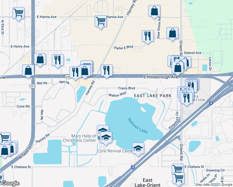 map of restaurants, bars, coffee shops, grocery stores, and more near 6512 Walton Way in Tampa