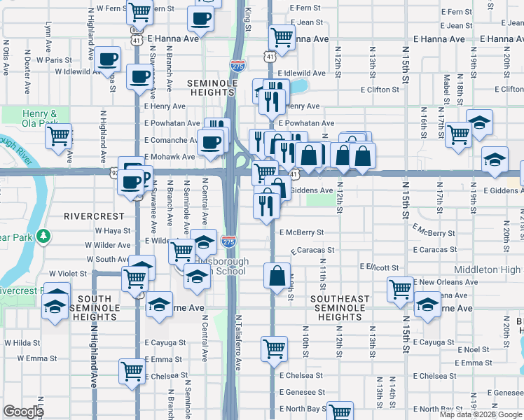 map of restaurants, bars, coffee shops, grocery stores, and more near 815 East Frierson Avenue in Tampa