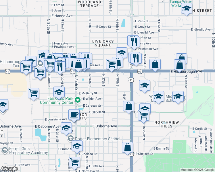 map of restaurants, bars, coffee shops, grocery stores, and more near 5315 North 37th Street in Tampa
