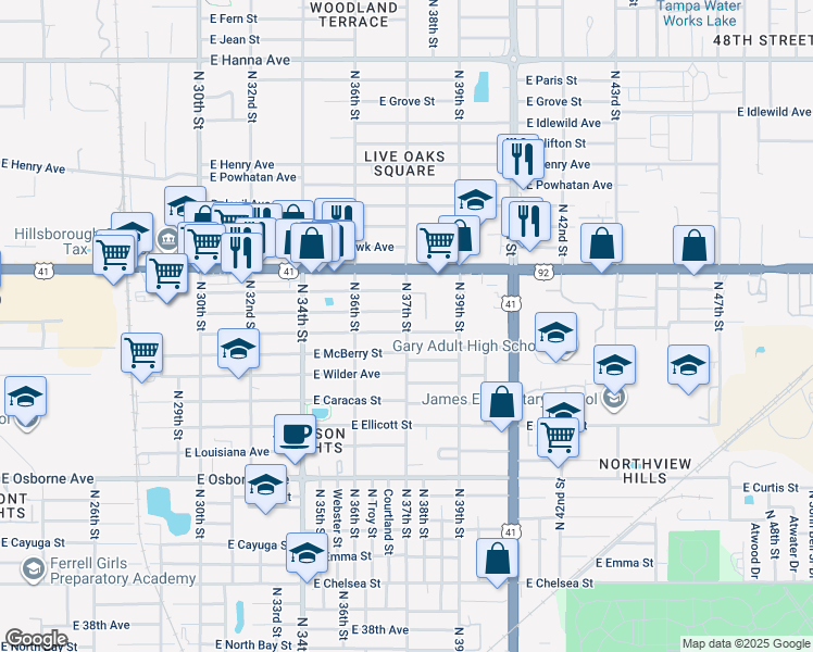 map of restaurants, bars, coffee shops, grocery stores, and more near 3617 East Frierson Avenue in Tampa