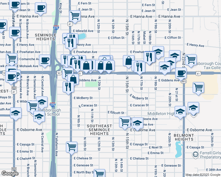 map of restaurants, bars, coffee shops, grocery stores, and more near 1212 East Frierson Avenue in Tampa