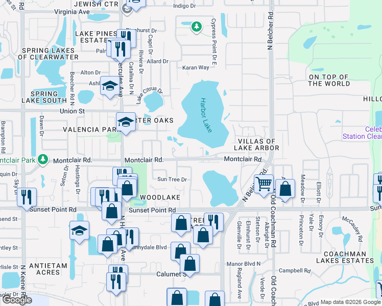 map of restaurants, bars, coffee shops, grocery stores, and more near 2021 Shangrila Drive in Clearwater