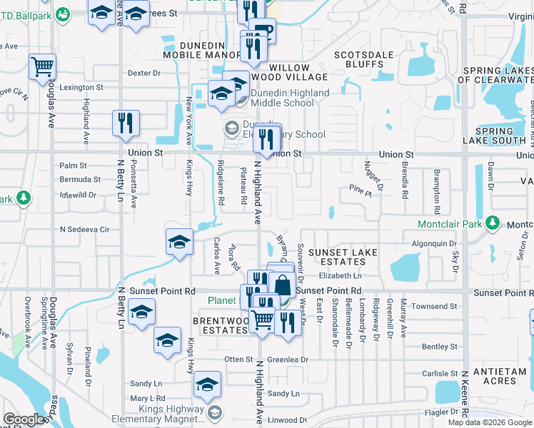 map of restaurants, bars, coffee shops, grocery stores, and more near 2019 Strathmill Drive in Clearwater