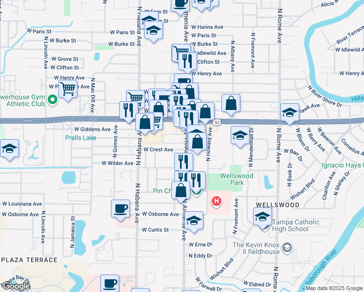 map of restaurants, bars, coffee shops, grocery stores, and more near 2517 Siesta Court in Tampa