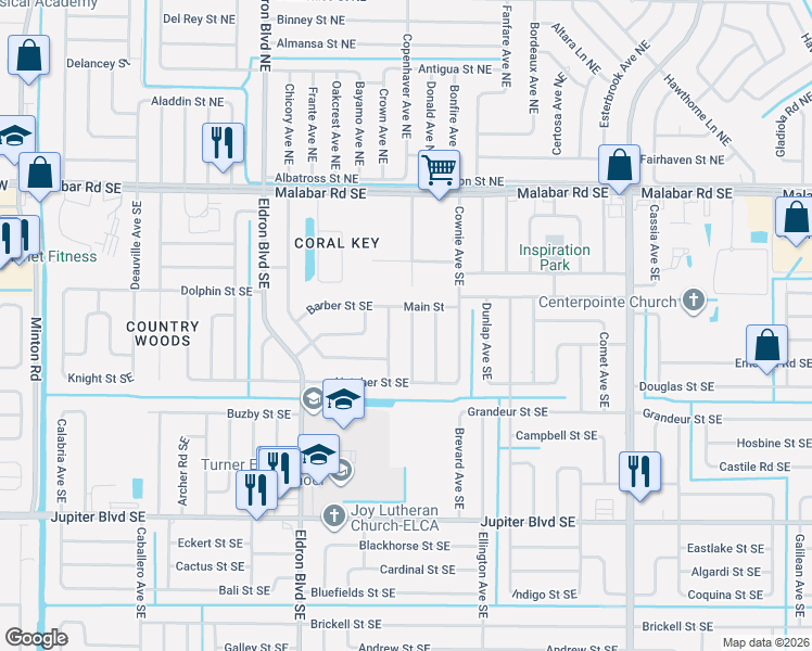 map of restaurants, bars, coffee shops, grocery stores, and more near 261 Edgewater Avenue Southeast in Palm Bay