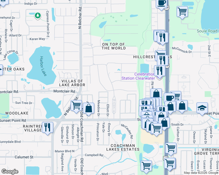 map of restaurants, bars, coffee shops, grocery stores, and more near 2021 Australia Way West in Clearwater