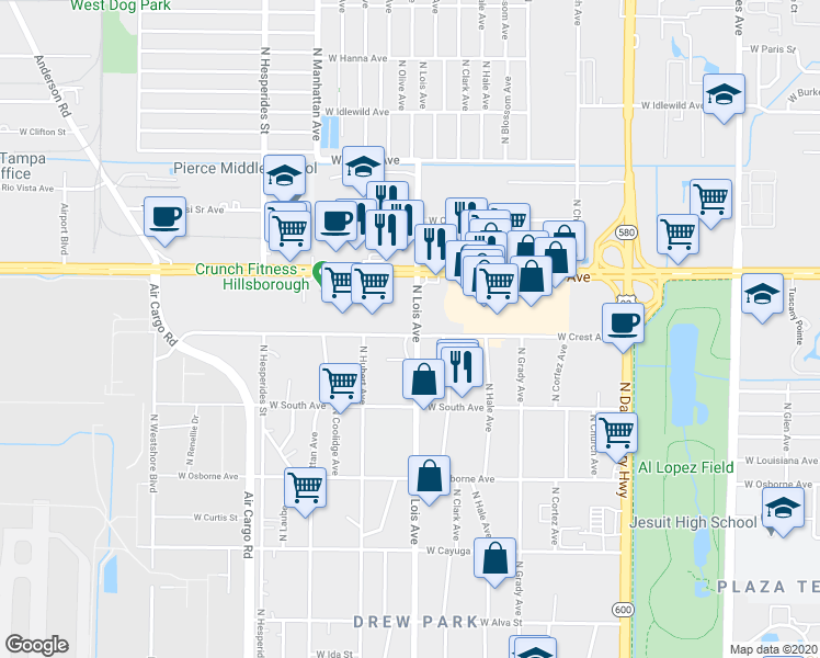 map of restaurants, bars, coffee shops, grocery stores, and more near 5100-5220 N Lois Ave in Tampa
