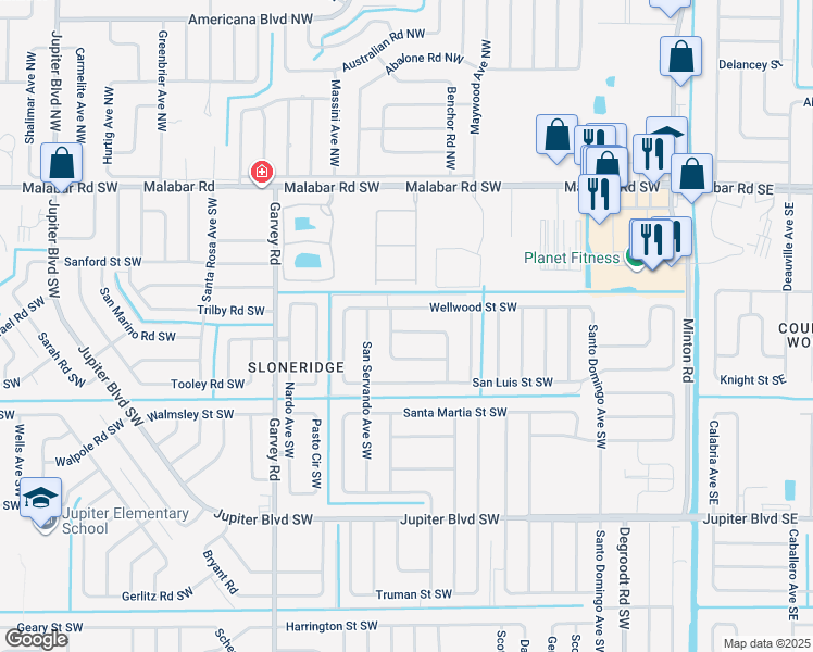 map of restaurants, bars, coffee shops, grocery stores, and more near 413 Wayland Road Southwest in Palm Bay