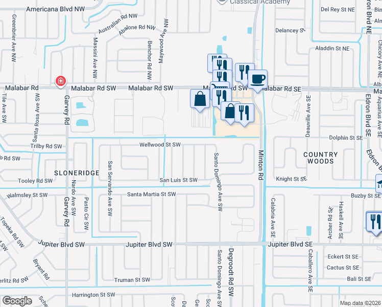 map of restaurants, bars, coffee shops, grocery stores, and more near 236 Trembley Avenue Southwest in Palm Bay