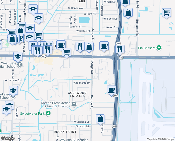map of restaurants, bars, coffee shops, grocery stores, and more near 6450 West Hillsborough Avenue in Tampa
