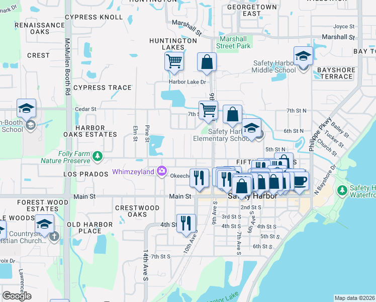map of restaurants, bars, coffee shops, grocery stores, and more near 410 Belmont Street in Safety Harbor