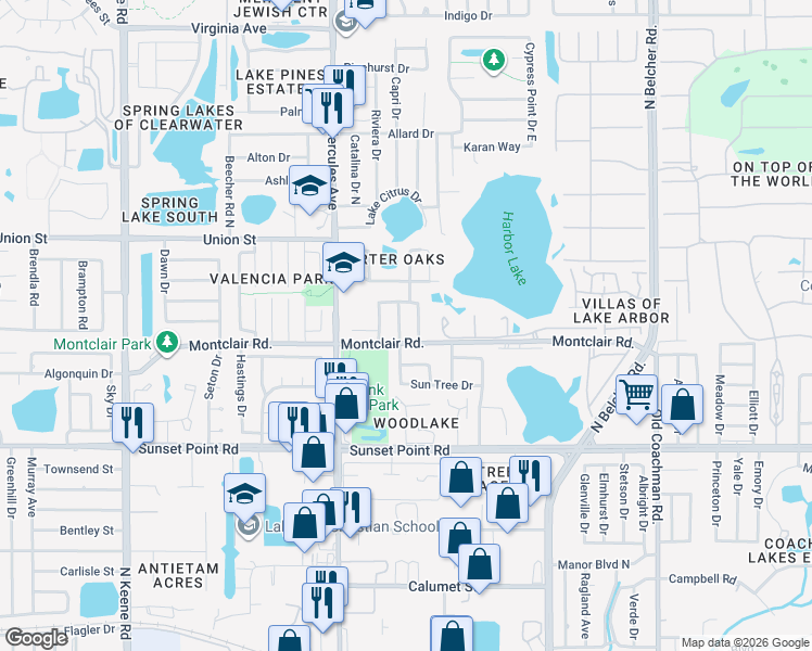 map of restaurants, bars, coffee shops, grocery stores, and more near 2015 Del-Betmar Road in Clearwater