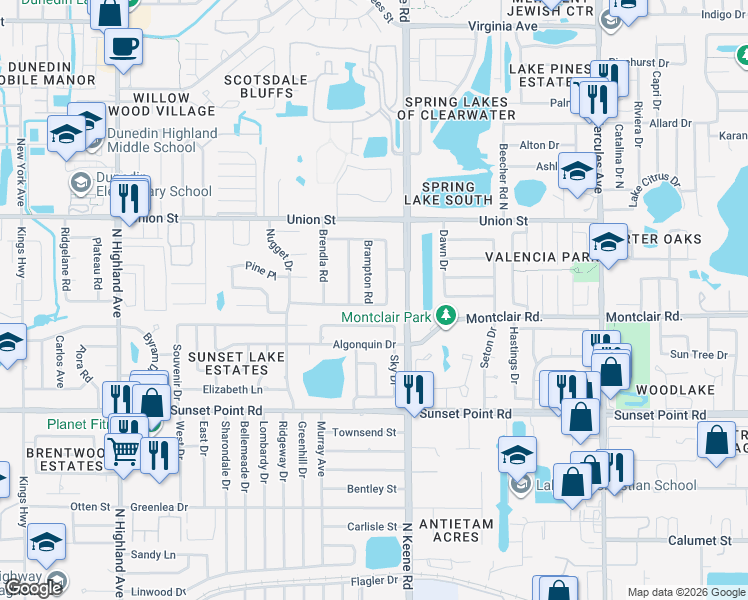 map of restaurants, bars, coffee shops, grocery stores, and more near 2022 Dunston Cove Road in Clearwater