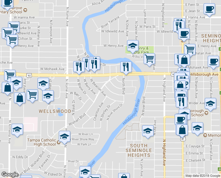 map of restaurants, bars, coffee shops, grocery stores, and more near 921 Cornelius Avenue in Tampa