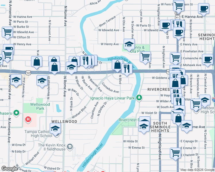 map of restaurants, bars, coffee shops, grocery stores, and more near 921 Cornelius Avenue in Tampa