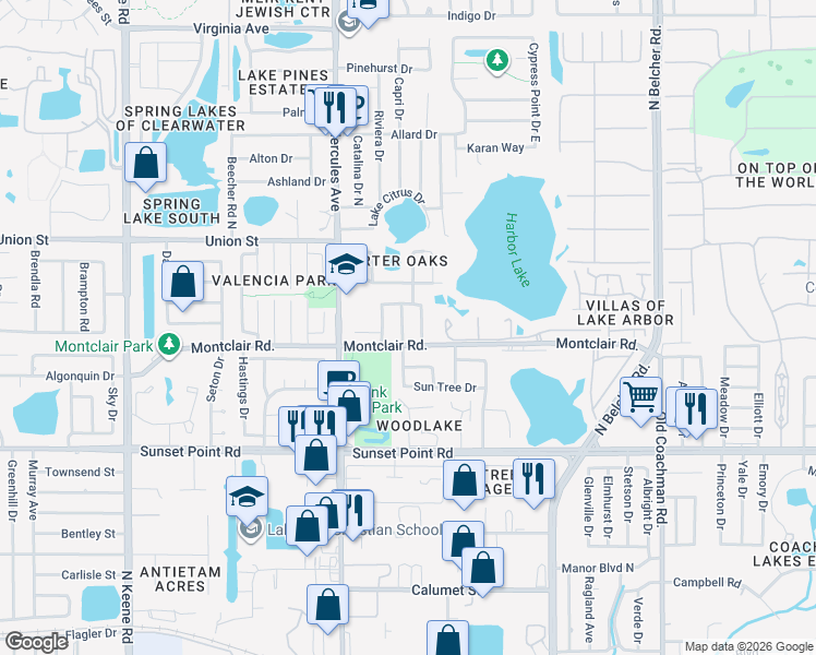 map of restaurants, bars, coffee shops, grocery stores, and more near 2015 Del-Betmar Road in Clearwater