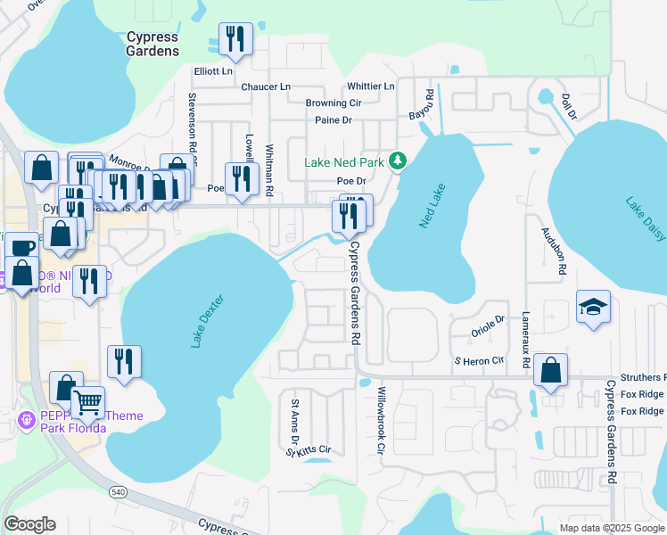 map of restaurants, bars, coffee shops, grocery stores, and more near 1410 Grand Cayman Circle in Winter Haven