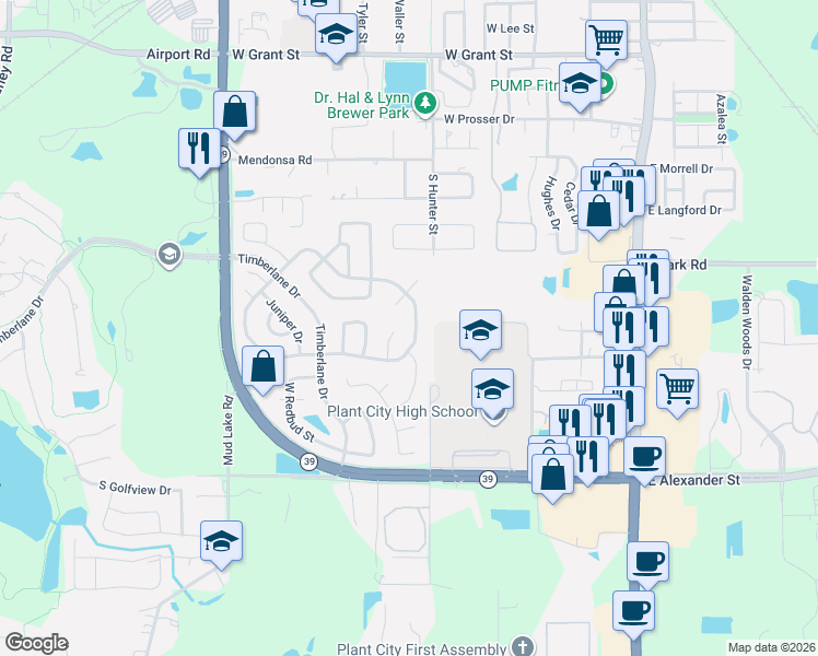 map of restaurants, bars, coffee shops, grocery stores, and more near 812 Sandalwood Drive in Plant City