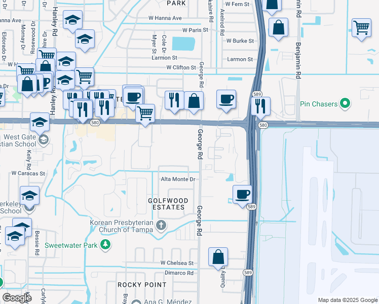 map of restaurants, bars, coffee shops, grocery stores, and more near 5150 Net Drive in Tampa