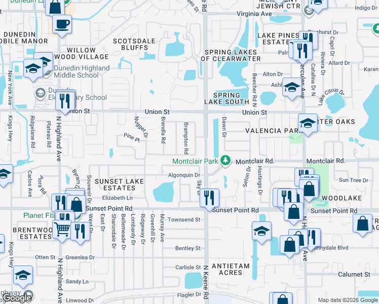 map of restaurants, bars, coffee shops, grocery stores, and more near 1756 Ashton Abbey Road in Clearwater