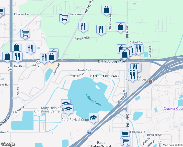 map of restaurants, bars, coffee shops, grocery stores, and more near 5105 Saint Charles Place in Tampa