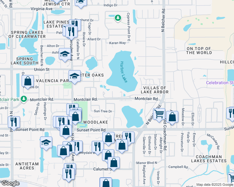 map of restaurants, bars, coffee shops, grocery stores, and more near 2021 Shangrila Drive in Clearwater