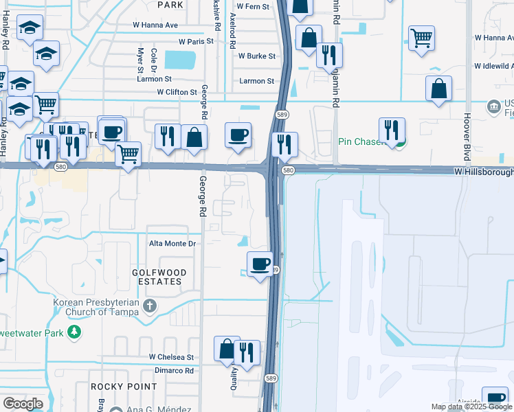 map of restaurants, bars, coffee shops, grocery stores, and more near 5130 Sunforest Drive in Tampa