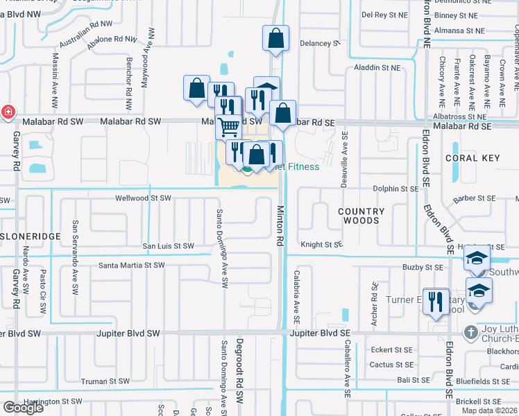 map of restaurants, bars, coffee shops, grocery stores, and more near 224 Wilton Avenue Southwest in Palm Bay