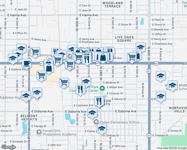 map of restaurants, bars, coffee shops, grocery stores, and more near 3301 East Frierson Avenue in Tampa