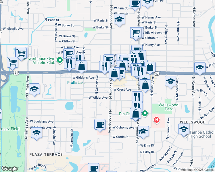 map of restaurants, bars, coffee shops, grocery stores, and more near 2910 West Frierson Avenue in Tampa
