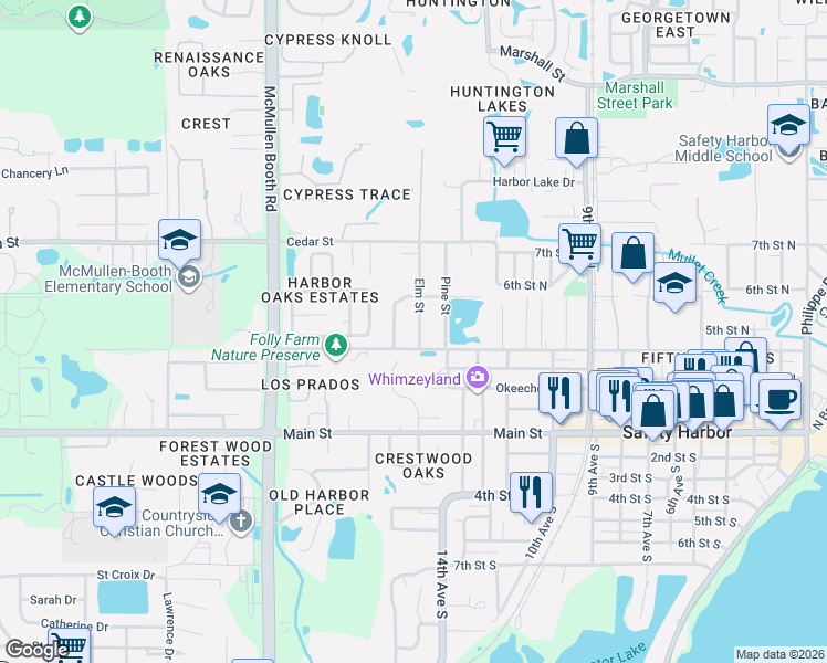 map of restaurants, bars, coffee shops, grocery stores, and more near 1421 Doctor Martin Luther King Junior Street North in Safety Harbor