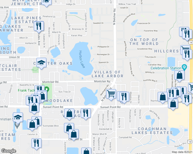 map of restaurants, bars, coffee shops, grocery stores, and more near 2210 Utopian Drive East in Clearwater