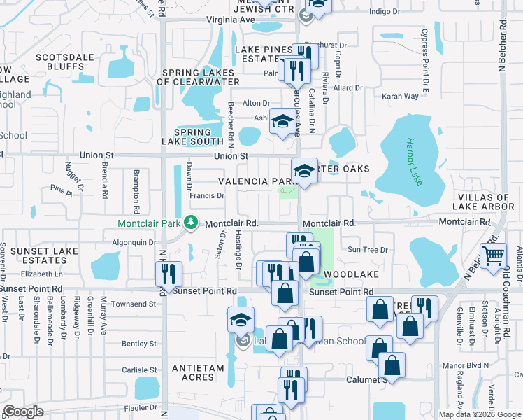 map of restaurants, bars, coffee shops, grocery stores, and more near 2033 San Sebastian Way South in Clearwater