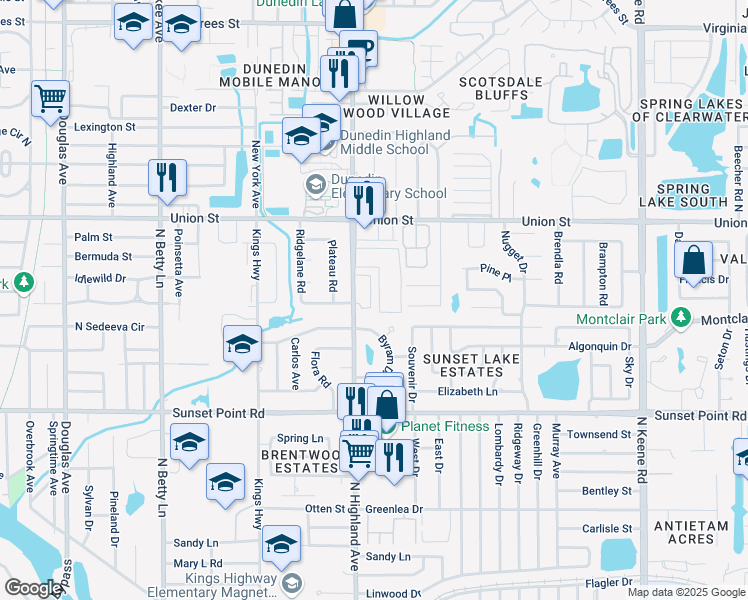 map of restaurants, bars, coffee shops, grocery stores, and more near 2019 Strathmill Drive in Clearwater